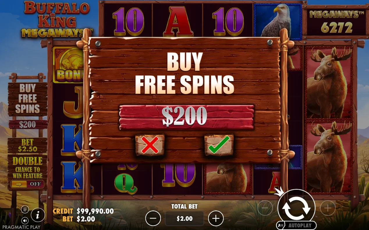 Ventana de confirmación Buy Free Spins por $200 con botones de cancelar en rojo y aceptar en verde