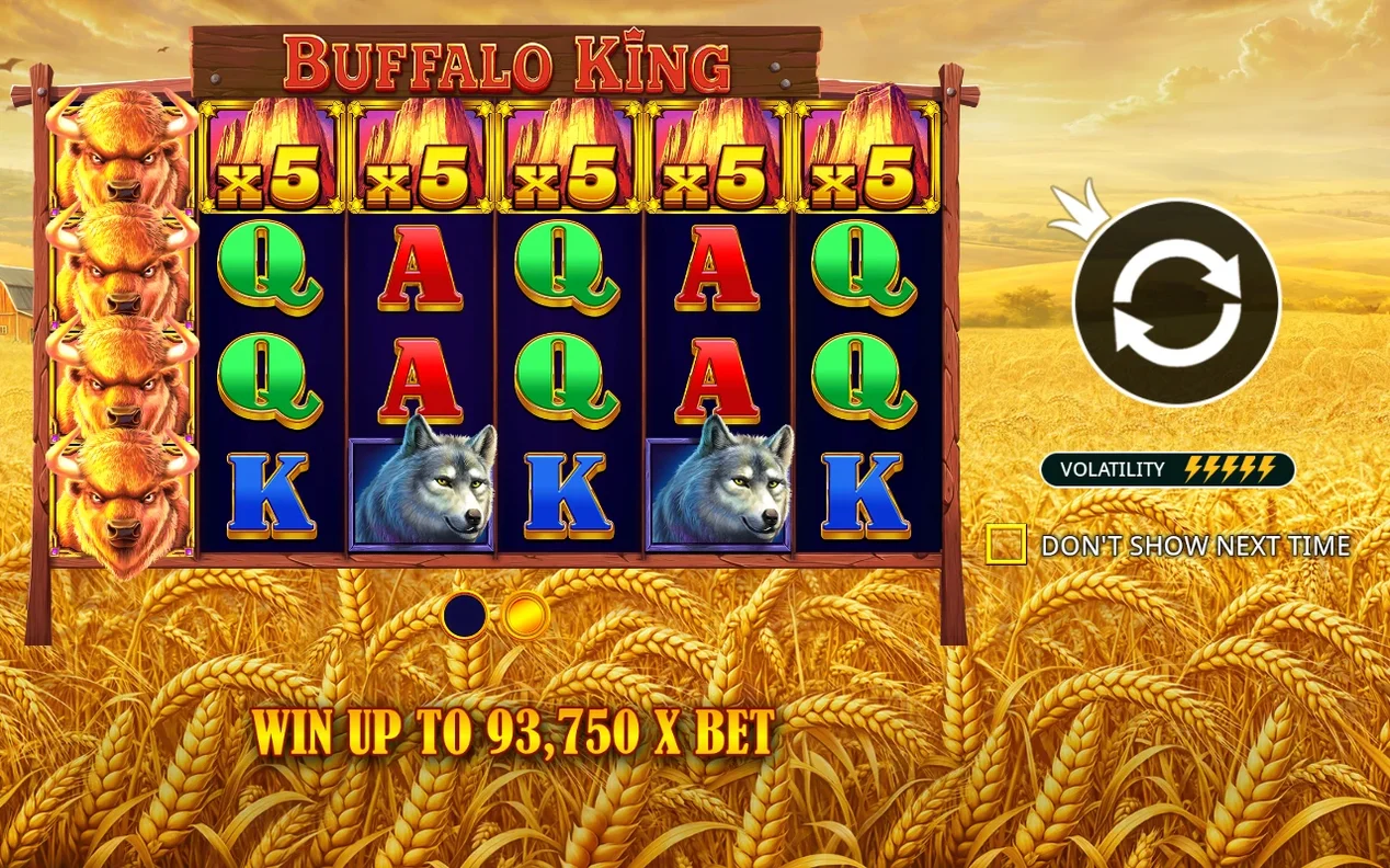 Pantalla previa Buffalo King con multiplicadores x5 sobre las cartas y aviso de ganancia máxima 93,750x