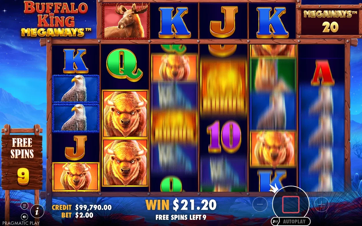 Free spins con tumble en curso, símbolos borrosos cayendo, MEGAWAYS 20 y contador de 9 giros restantes