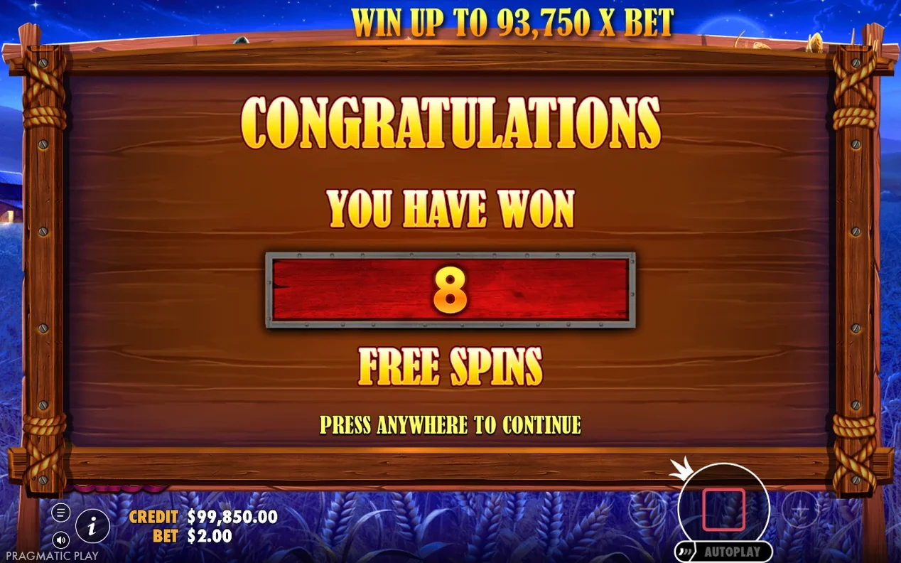 Aviso de giros gratis ganados: 8 FREE SPINS sobre fondo nocturno, con mensaje de presionar para continuar