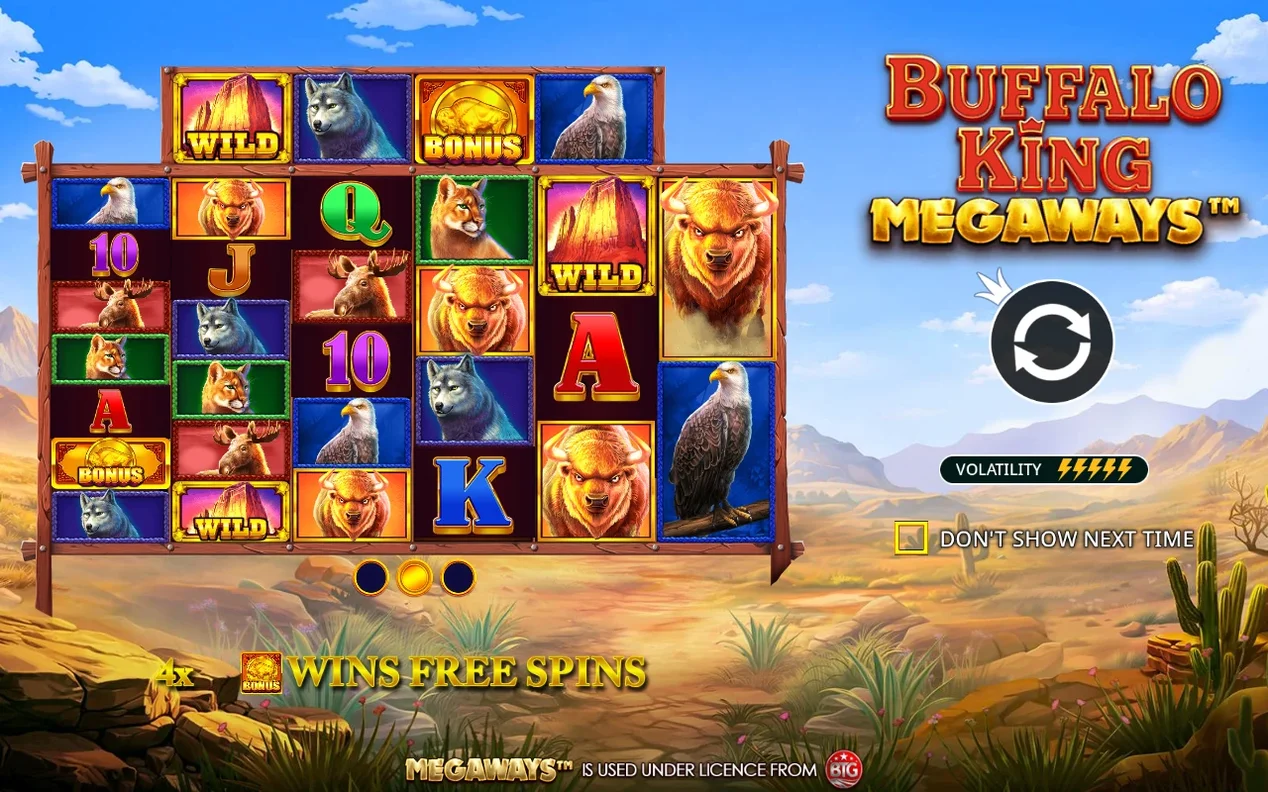Pantalla de entrada con logo Buffalo King Megaways, animales en los carretes y volatilidad de 5 rayos